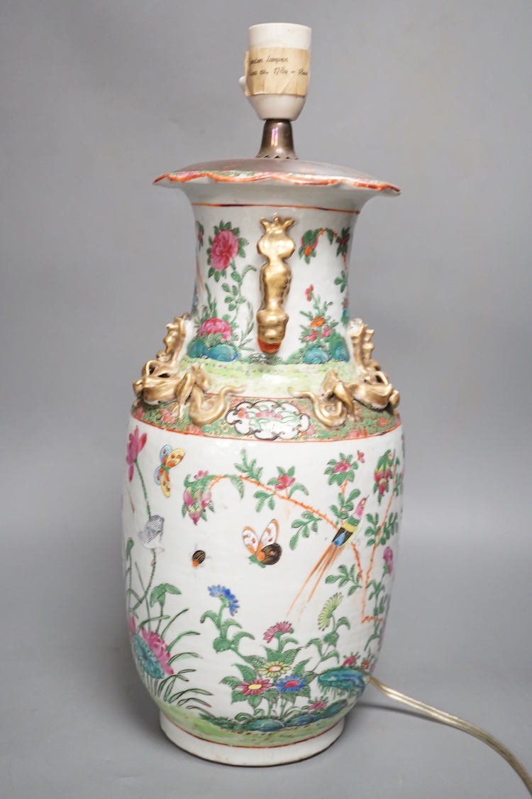 A 19th century Chinese famille rose porcelain vase mounted as a table lamp 35cm